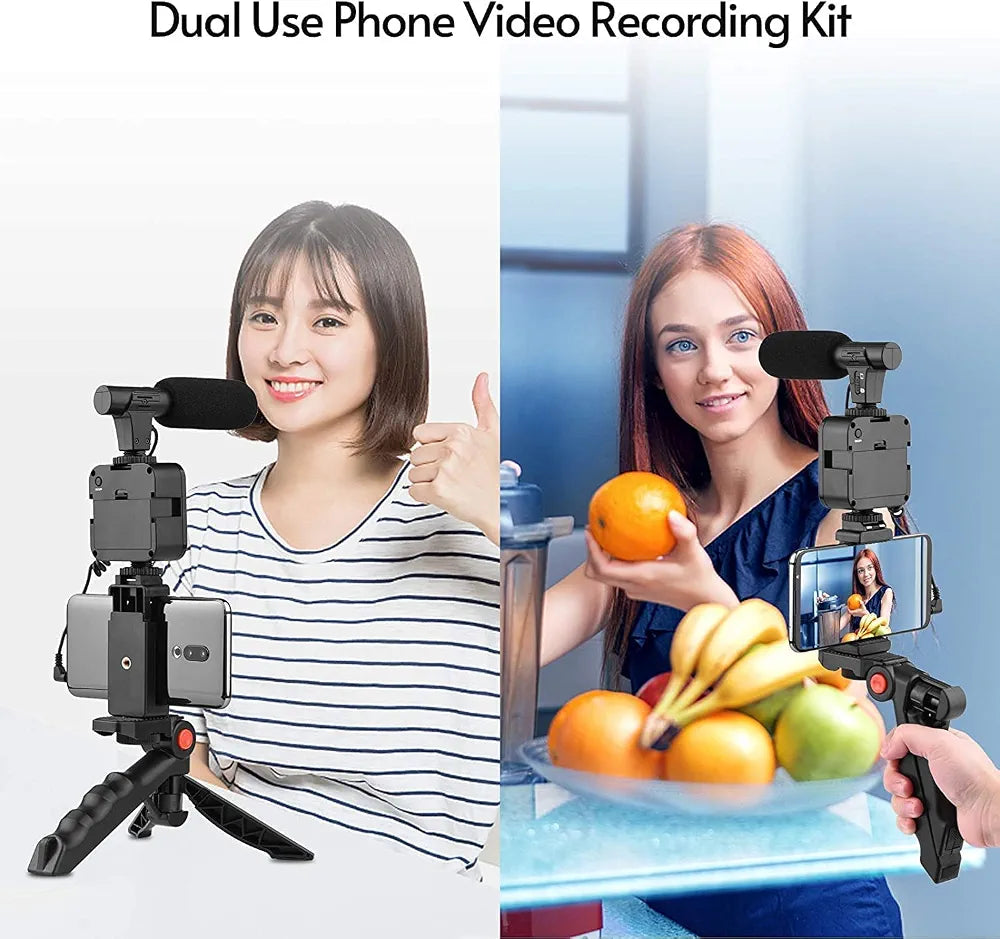 Smartphone vlogging kit with microphone, LED light, and tripod