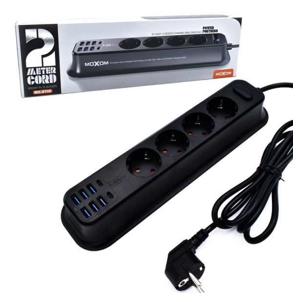 MOXOM power strip with 12 outlets, six USB ports, two USB-C ports, and two-meter cable