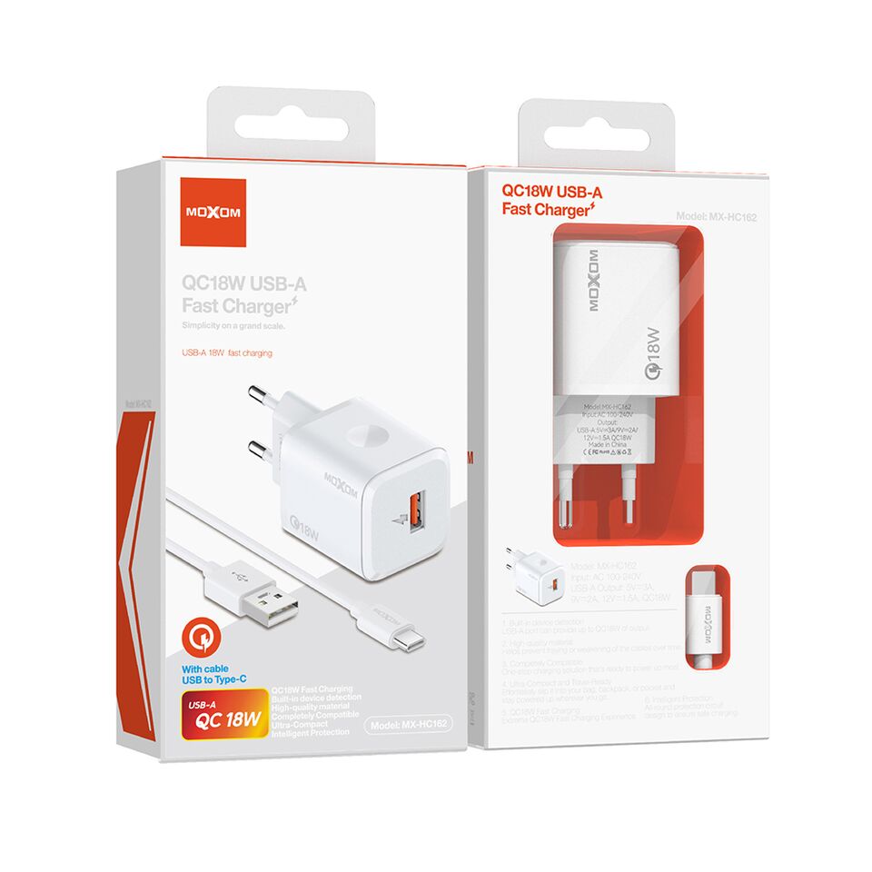 MOXOM MX-HC162 QC18W USB-A Fast Charger with USB-C Cable