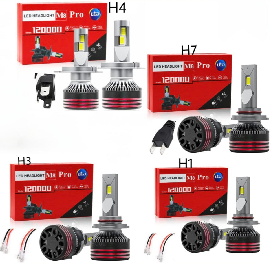 M8 Pro LED Headlight Kit – 120W 6000LM, +500% Brightness (H1 / H3 / H4 / H7)