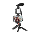 3-in-1 smartphone vlogging kit with microphone, LED fill light, phone holder, and tripod