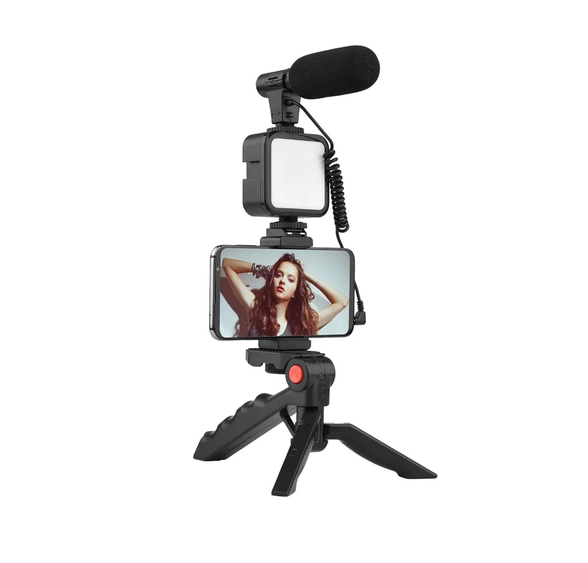 3-in-1 smartphone vlogging kit with microphone, LED fill light, phone holder, and tripod