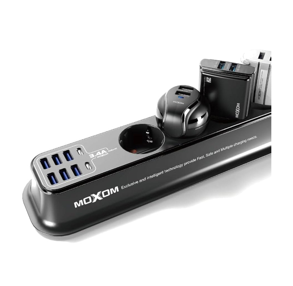 Close-up of the MOXOM MX-ST05 power strip and USB charging ports