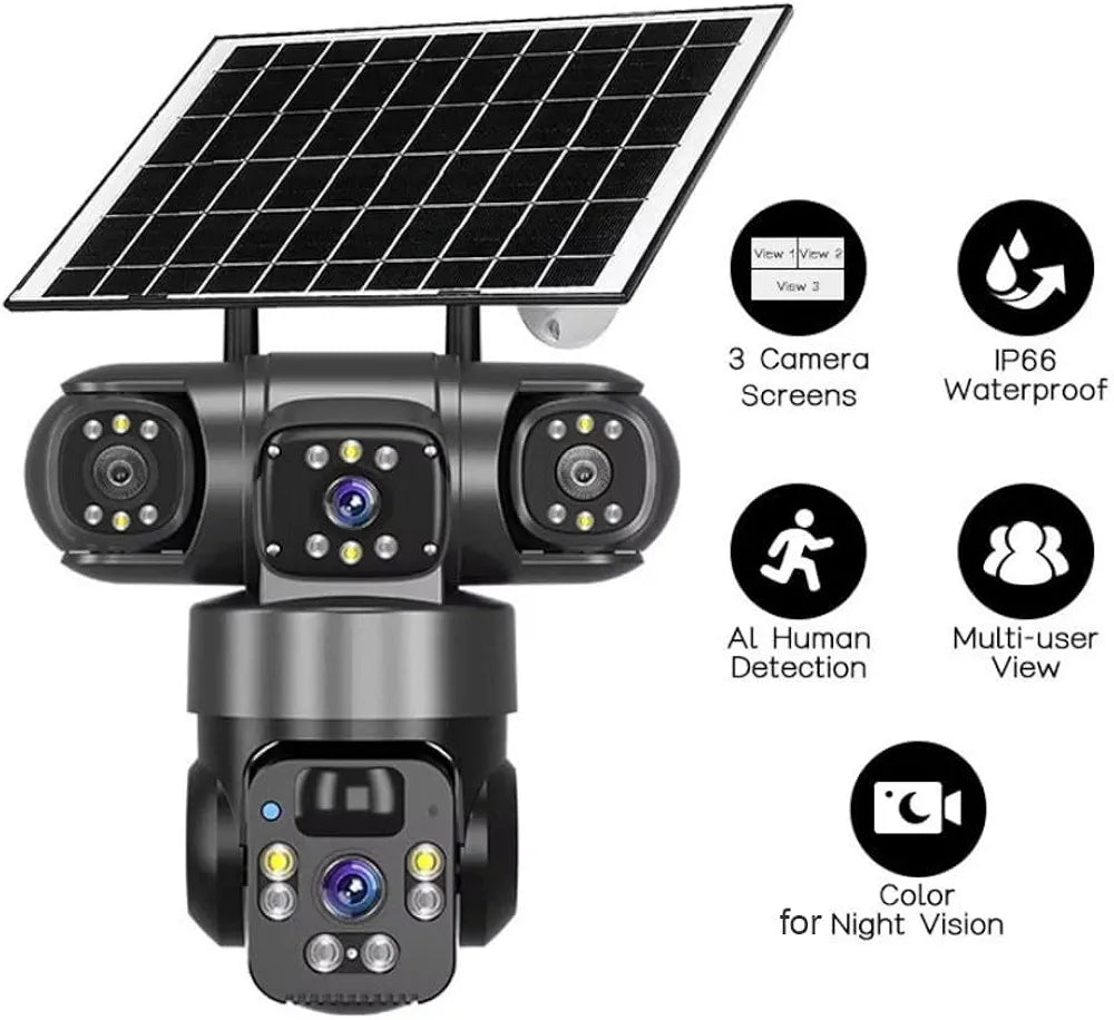Triple-Lens Solar WiFi Security Camera – V380 Pro