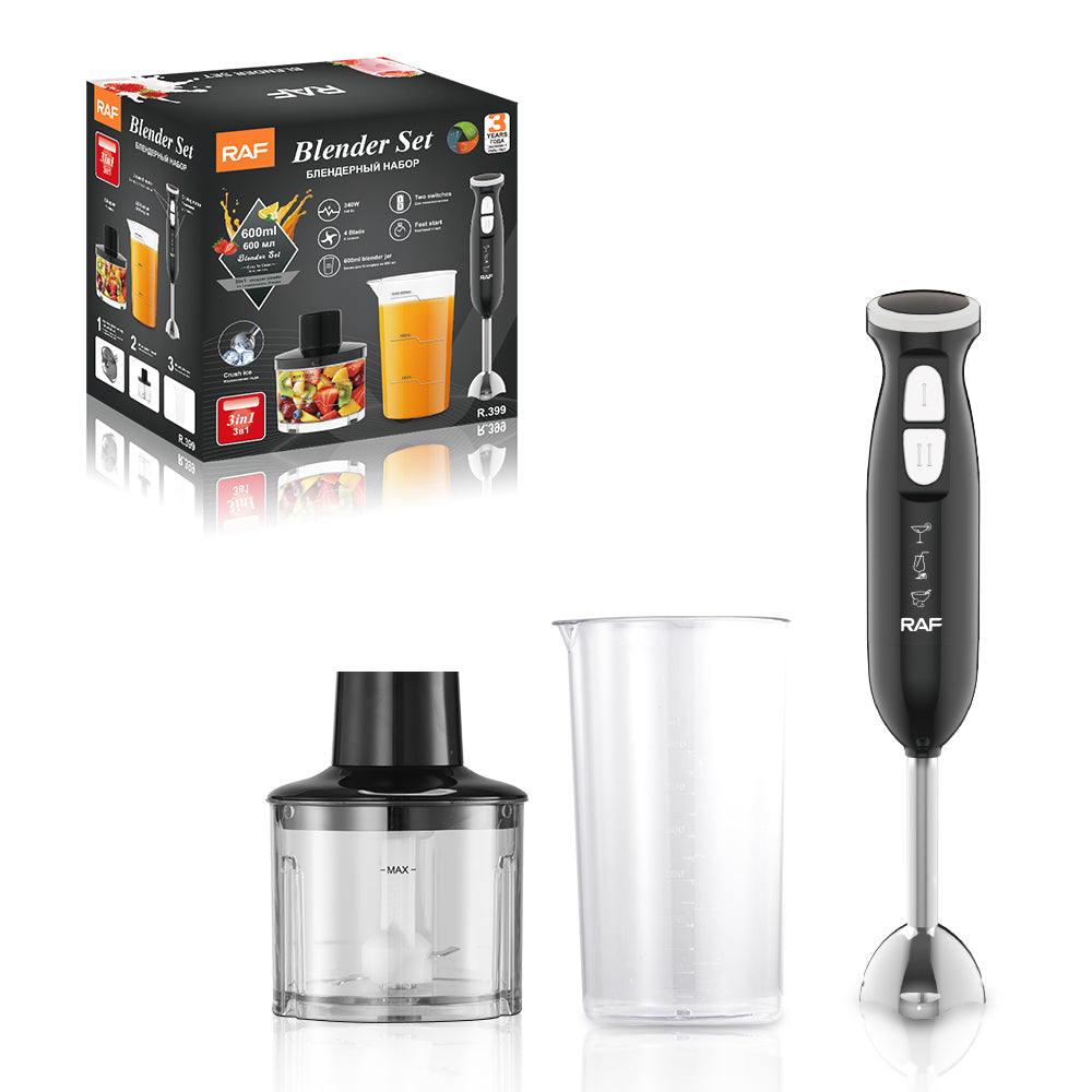 RAF 3-in-1 Hand Blender 340W – 2 Speed, 4-Blade Chopper, 800ml Beaker Included