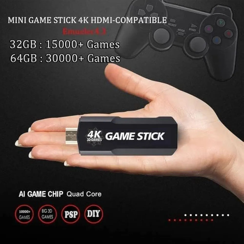GD10 4K Game Stick - 20,000 Games | 2 Wireless Controllers | HDMI | Anti-Shake | 64GB