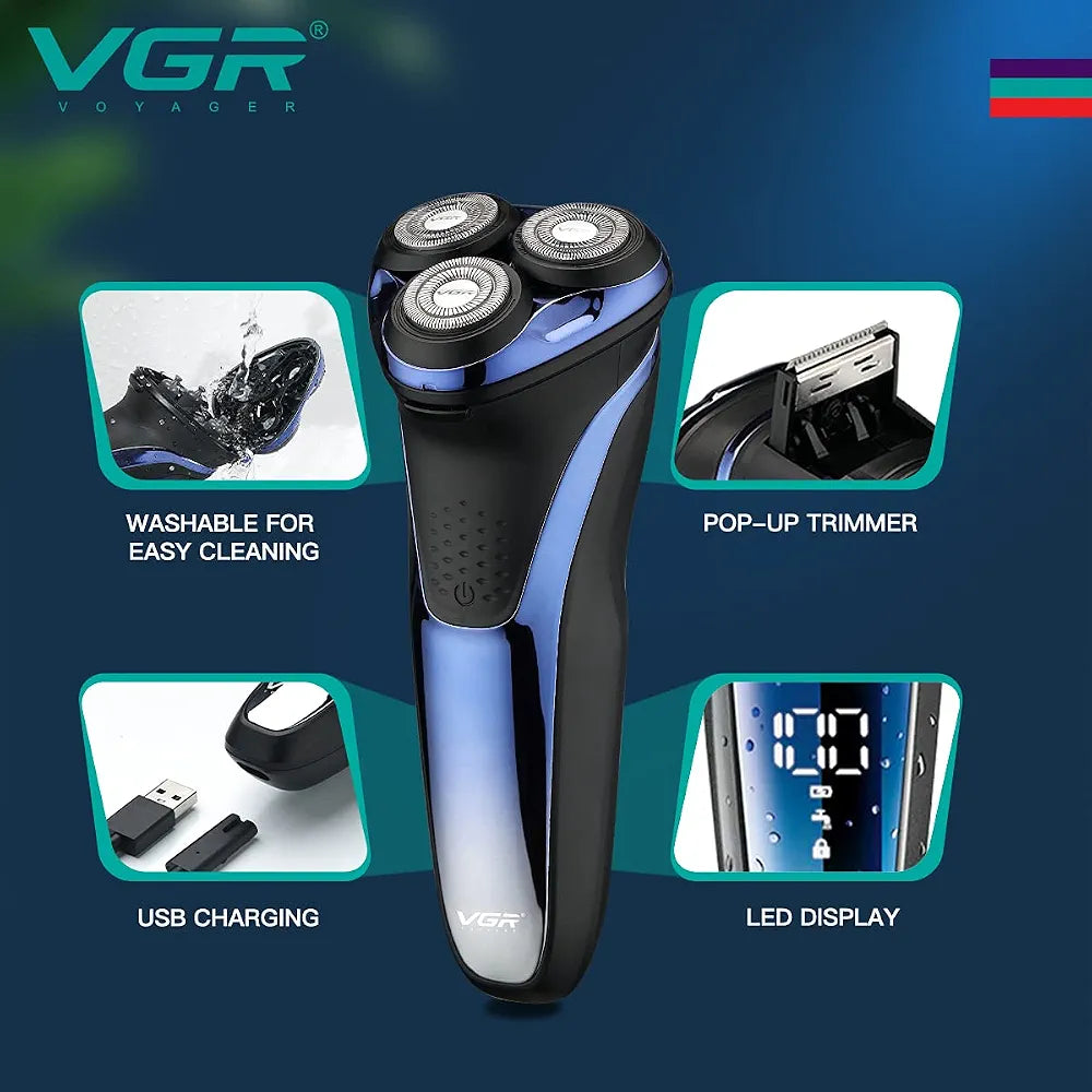 VGR V-306 Electric Rotary Shaver for Men – 3D Floating Blades, IPX7 Waterproof, LED Display