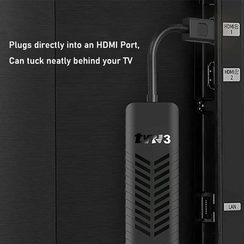 Easy 3-step installation guide for TVR3 TV Stick: HDMI, IR receiver, Type-C power