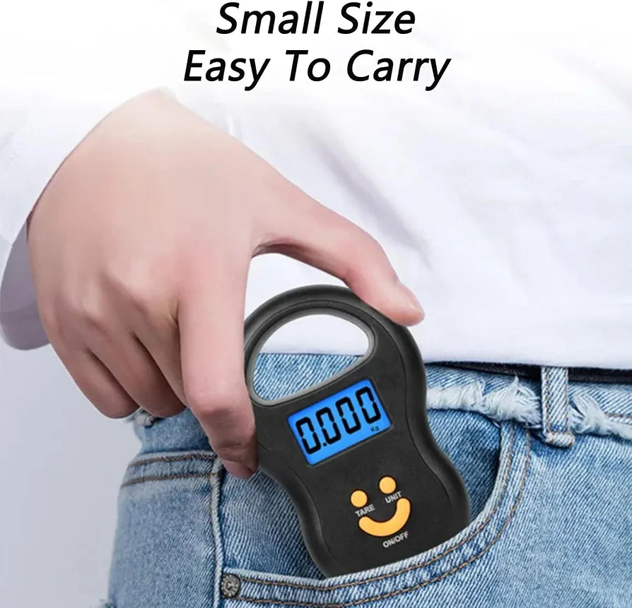 Black handheld digital hanging scale with blue backlit display and metal hook