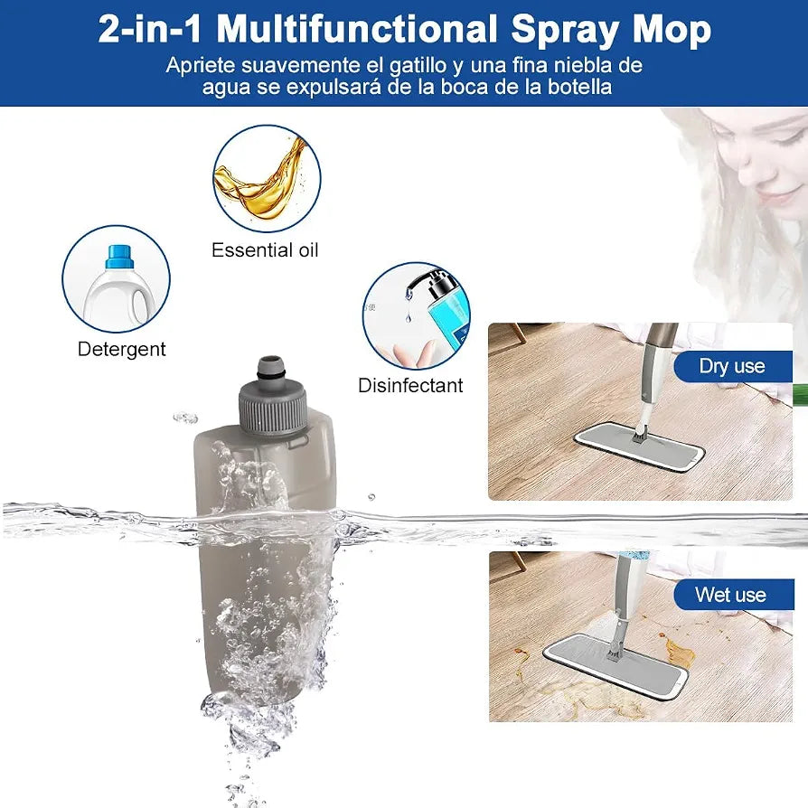 2-in-1 Spray Mop with 360° Flexible Head & Reusable Microfiber Cloth